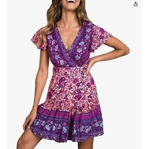 Women's Bohemian Floral Print Ruffle Swing Wrap Dress Large